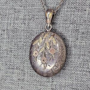 Large Antique Victorian Sterling Silver Gold Photo Locket 22” Necklace je-20